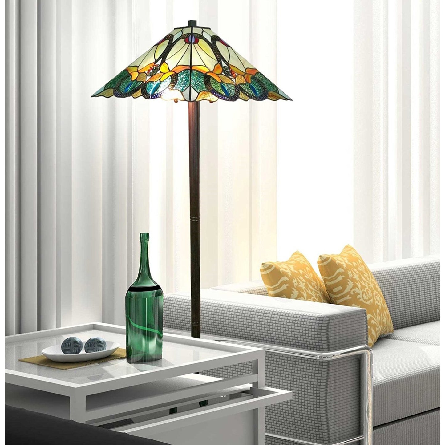 Brown 2-Light Floor Lamp w/ Brown & Blue Stained Glass Shade