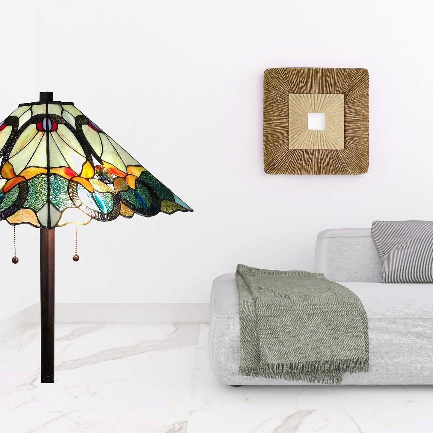 Brown 2-Light Floor Lamp w/ Brown & Blue Stained Glass Shade