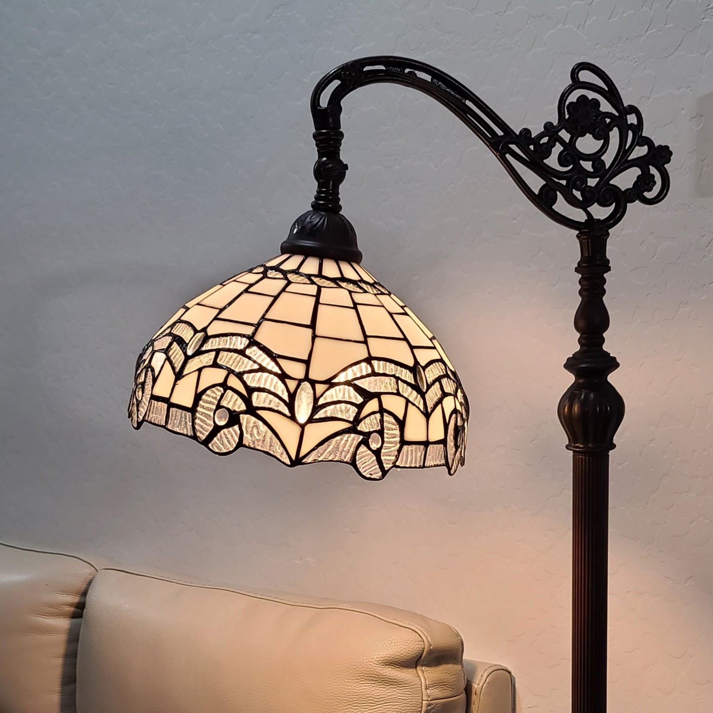 Brown Floor Lamp w/ White Geometric Stained Glass Shade