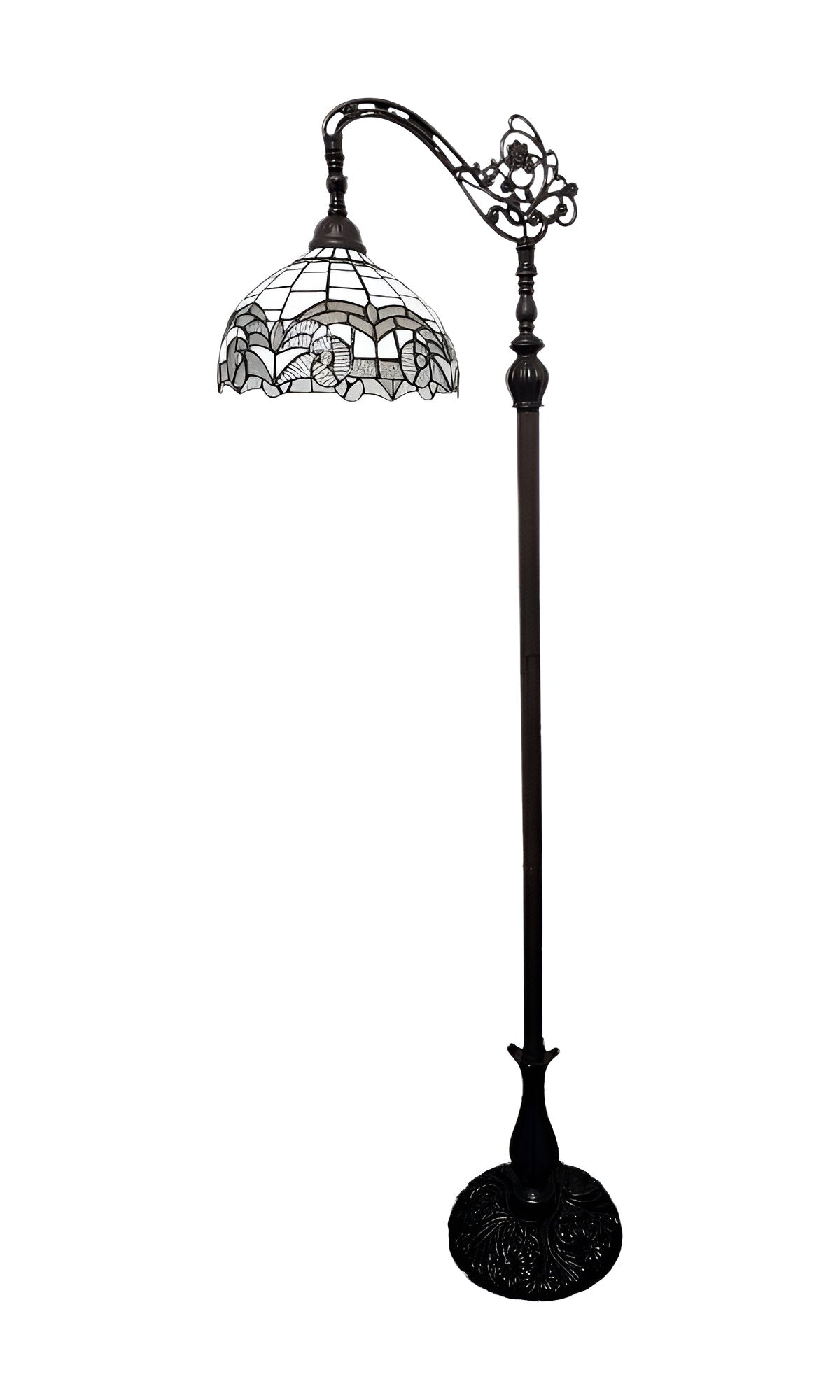 Brown Floor Lamp w/ White Geometric Stained Glass Shade