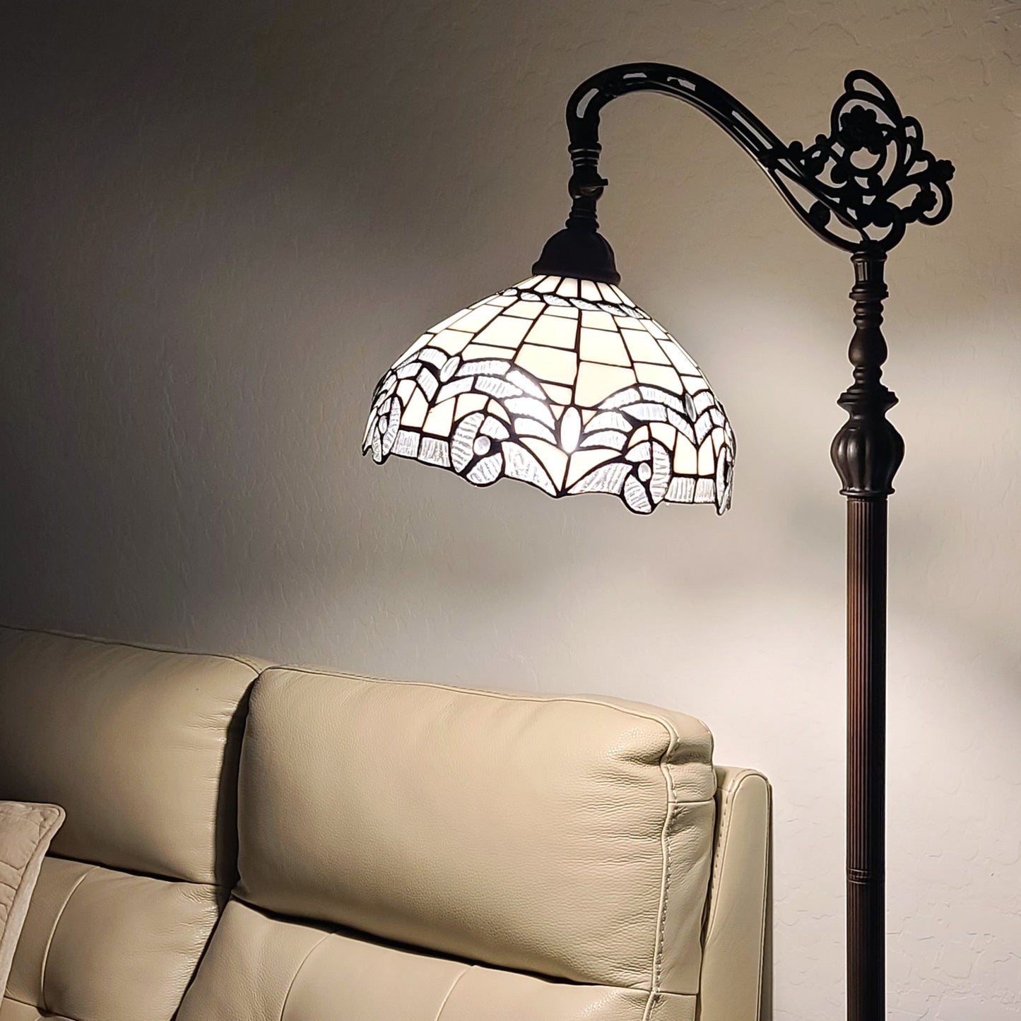 Brown Floor Lamp w/ White Geometric Stained Glass Shade