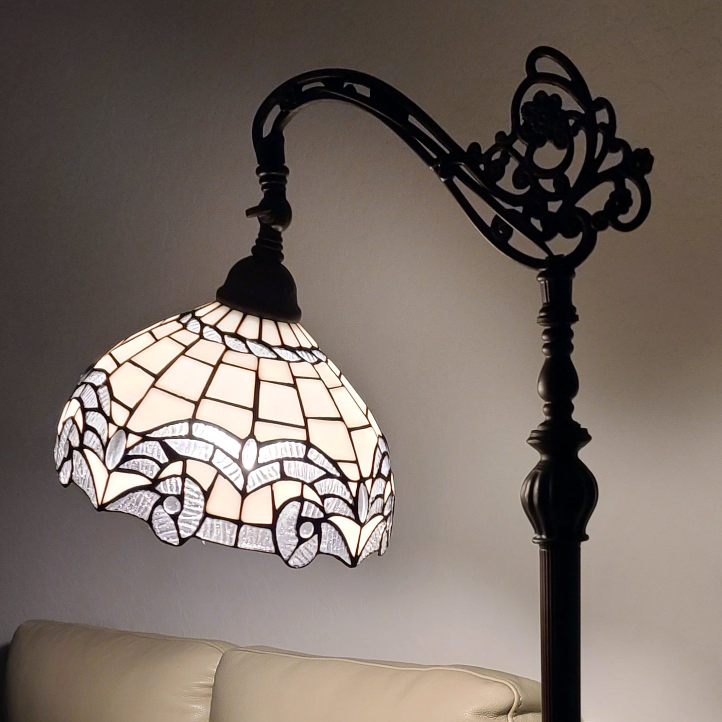 Brown Floor Lamp w/ White Geometric Stained Glass Shade