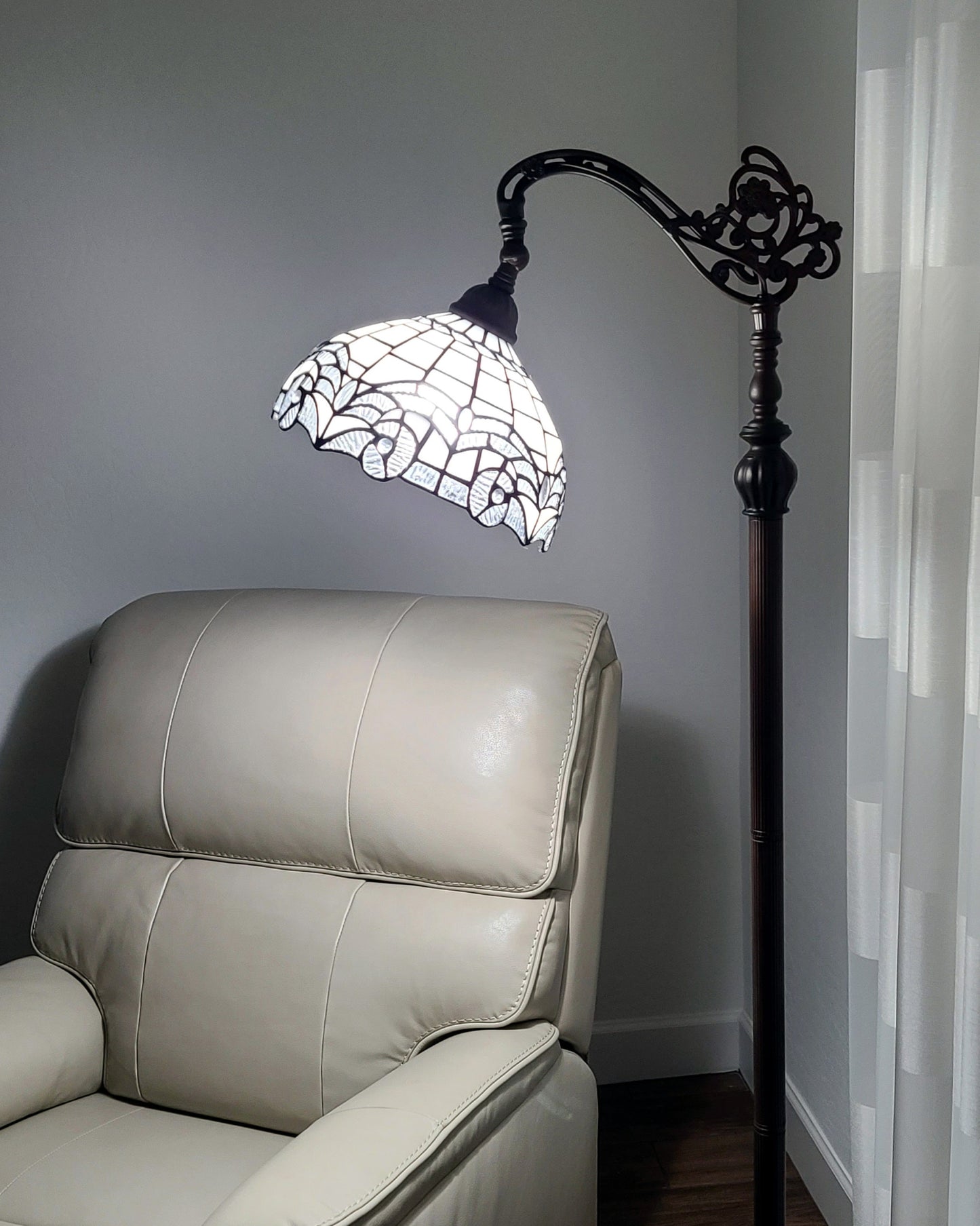 Brown Floor Lamp w/ White Geometric Stained Glass Shade