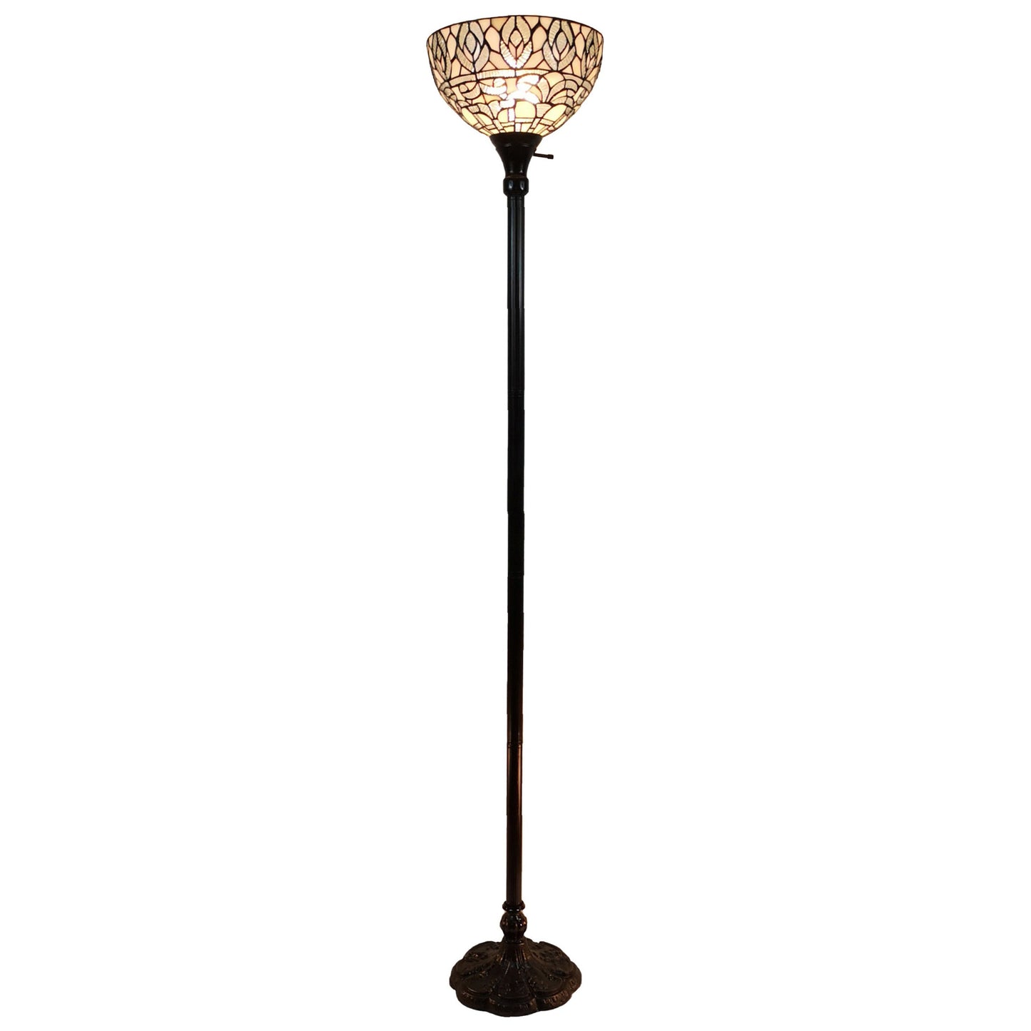 Brown Floor Lamp w/ White Peacock Feather Stained Glass Shade