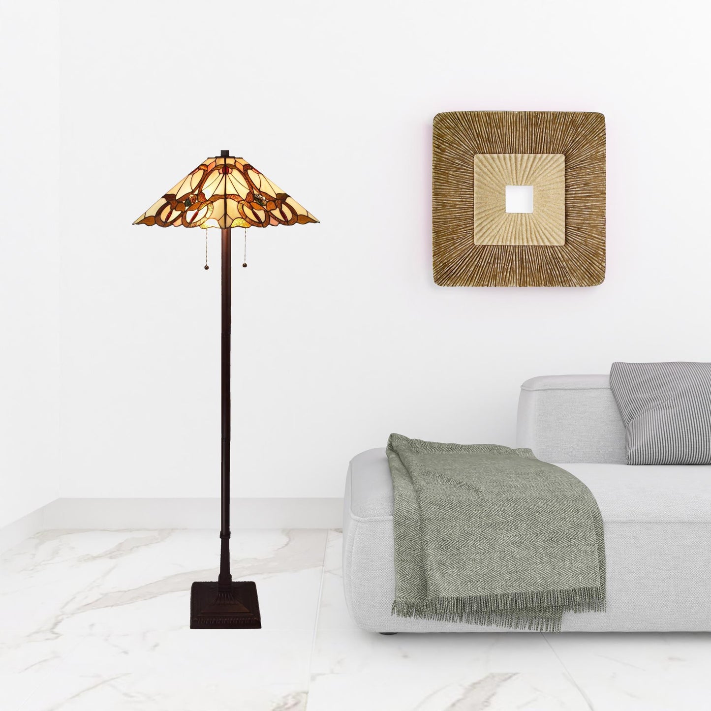 Brown Two Lights Floor Lamp w/ Brown & White Stained Glass Shade