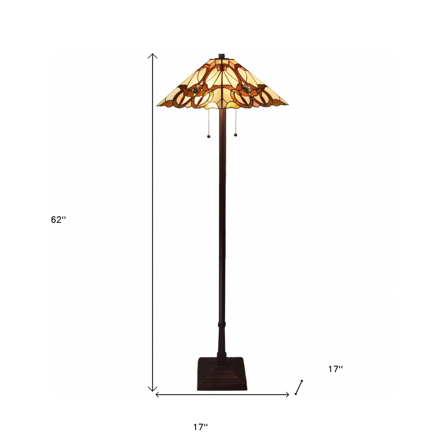 Brown Two Lights Floor Lamp w/ Brown & White Stained Glass Shade