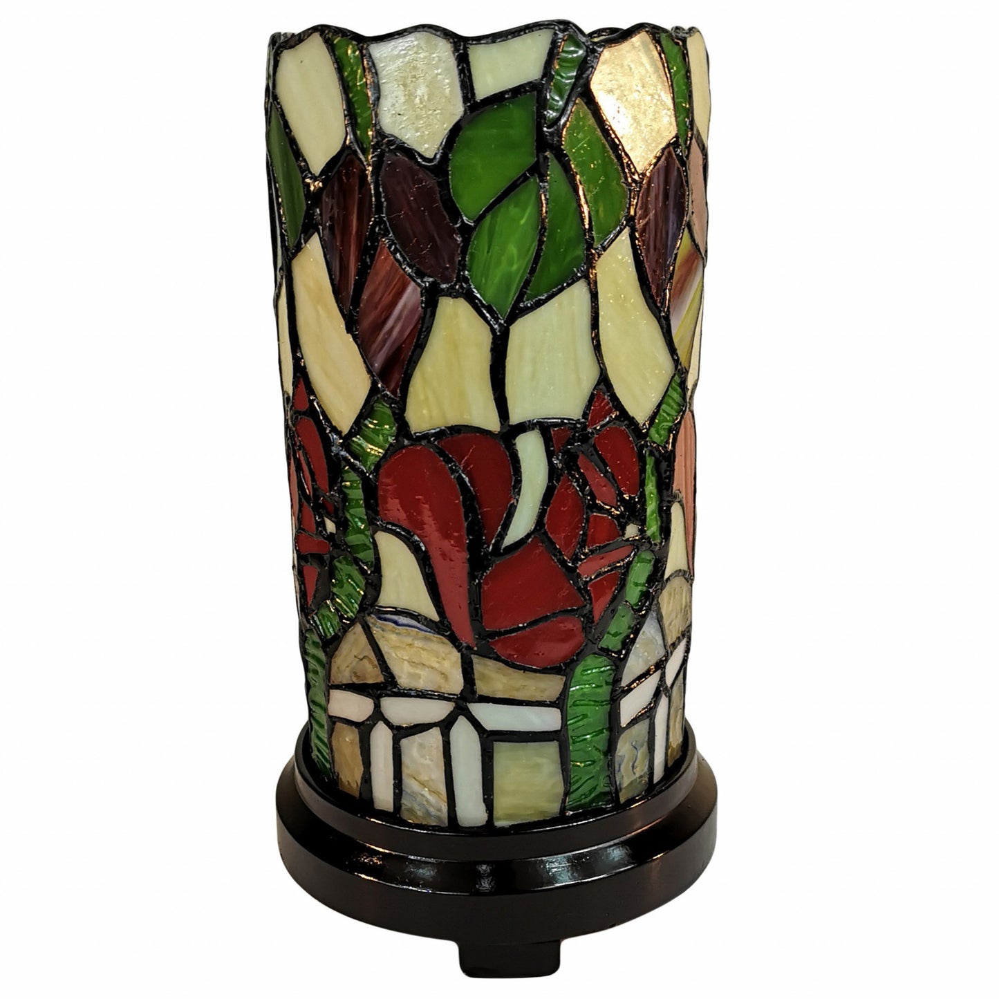 Red Green & Black Floral Stained Glass Accent Lamp