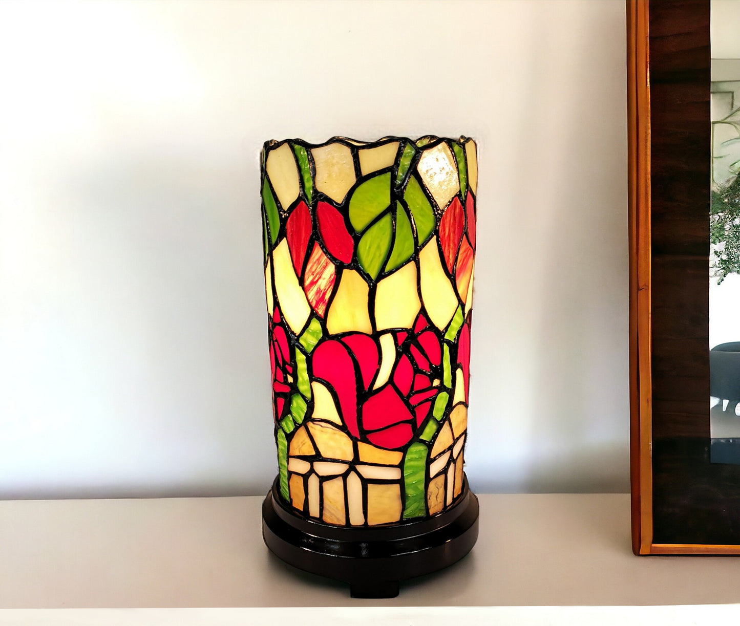 Red Green & Black Floral Stained Glass Accent Lamp