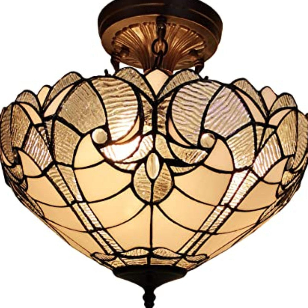 Yellow & Brown 2 Light Tiffany Style Semi Flush Dimmable Ceiling Light