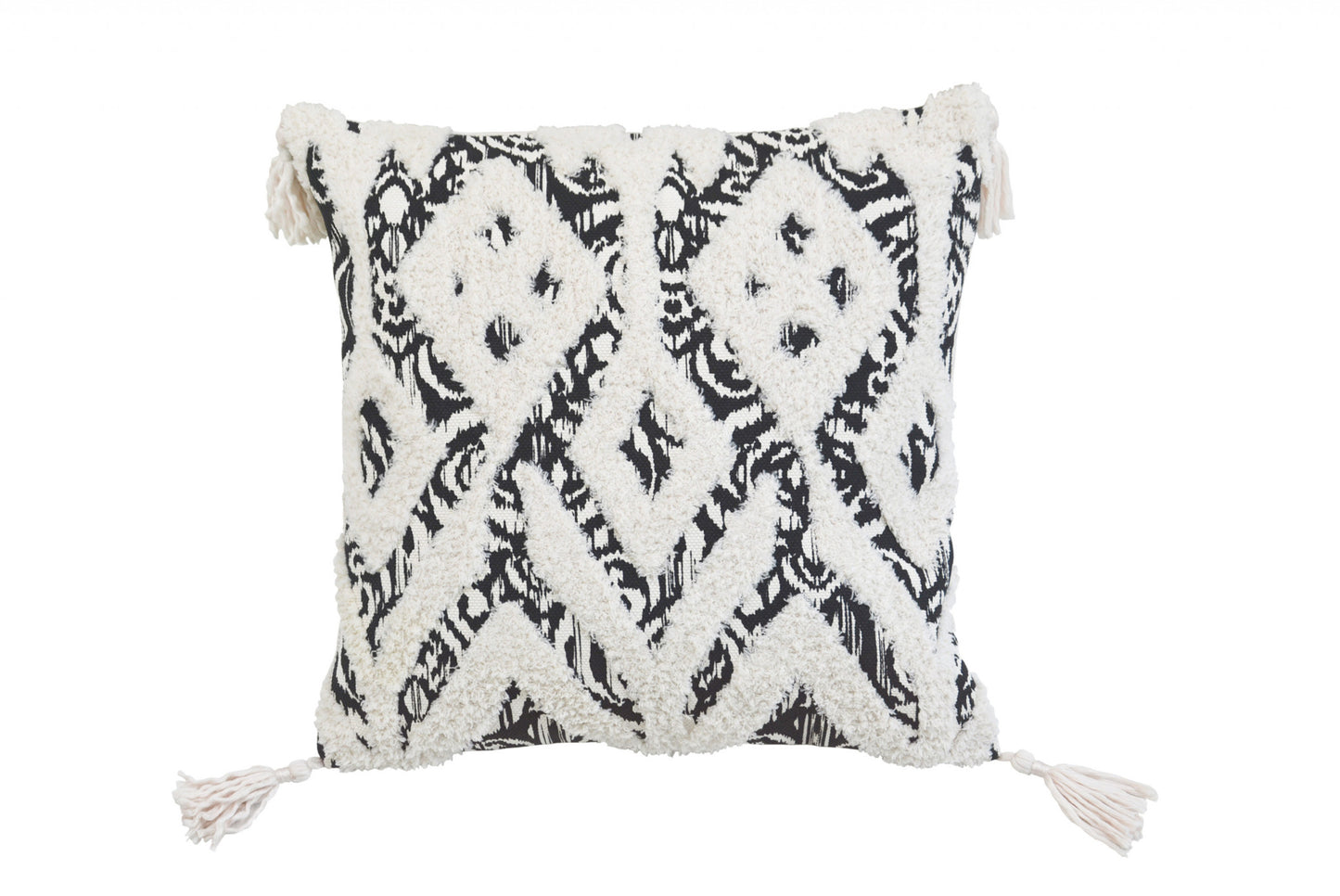 Black & White Ikat & Cotton Blend Pillow w/ Tassels