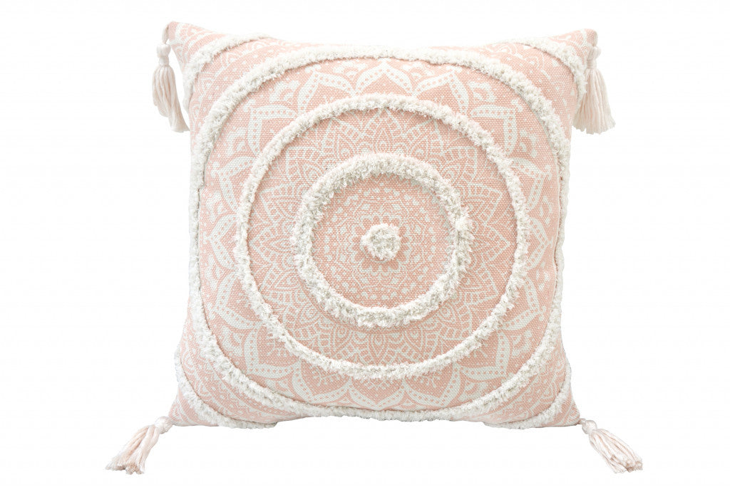 Peach & White Geometric & Cotton Blend Pillow w/ Tassels