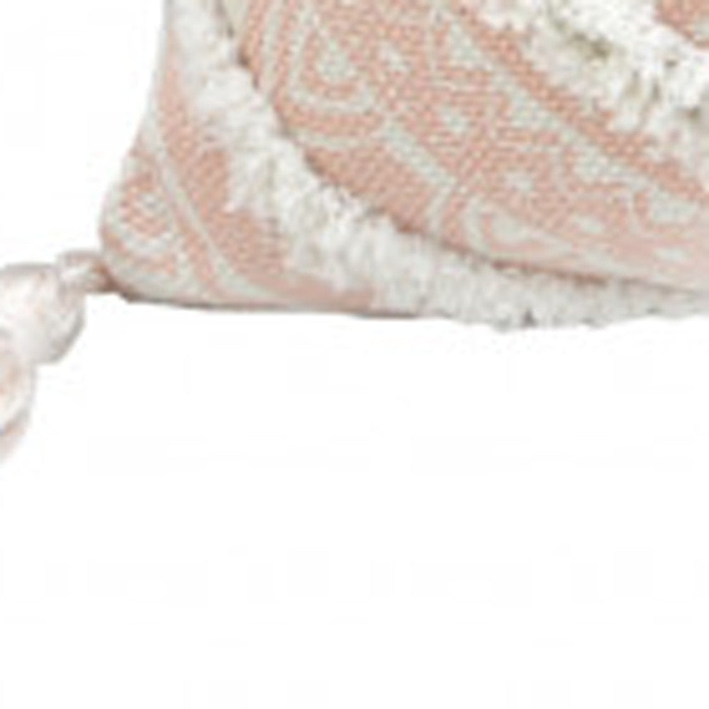 Peach & White Geometric & Cotton Blend Pillow w/ Tassels