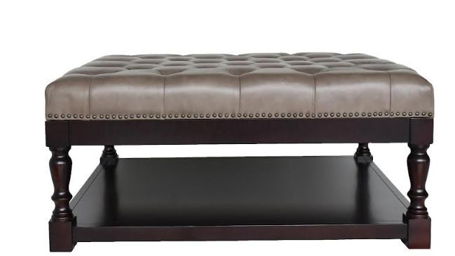 Gray & Dark Brown Leather & Solid Wood Coffee Table