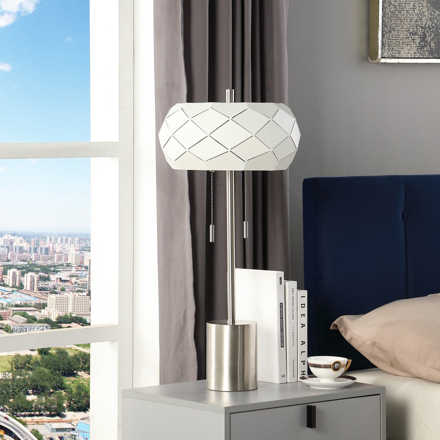 Silver Table Lamp w/ Geometric Laser Cut Shade