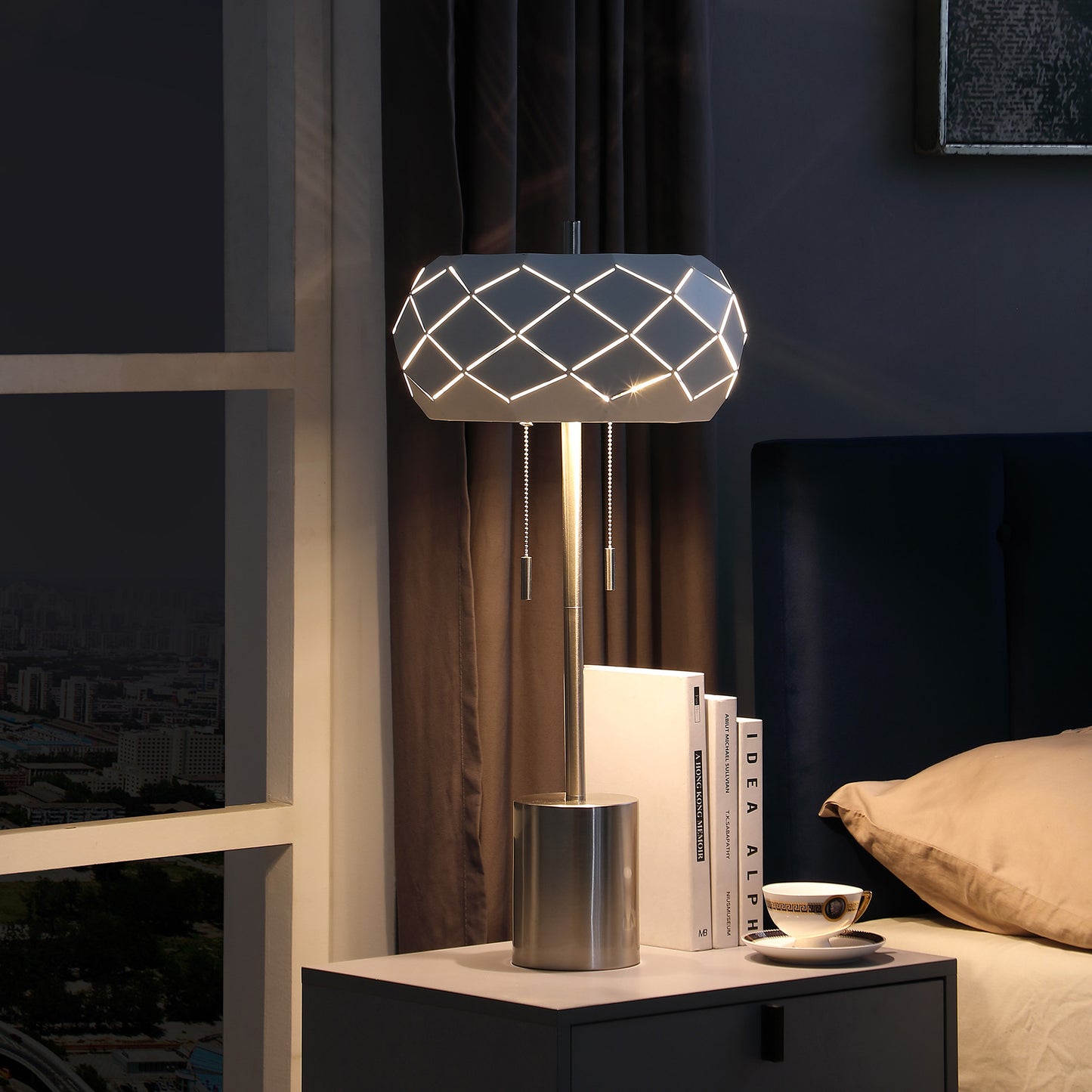 Silver Table Lamp w/ Geometric Laser Cut Shade