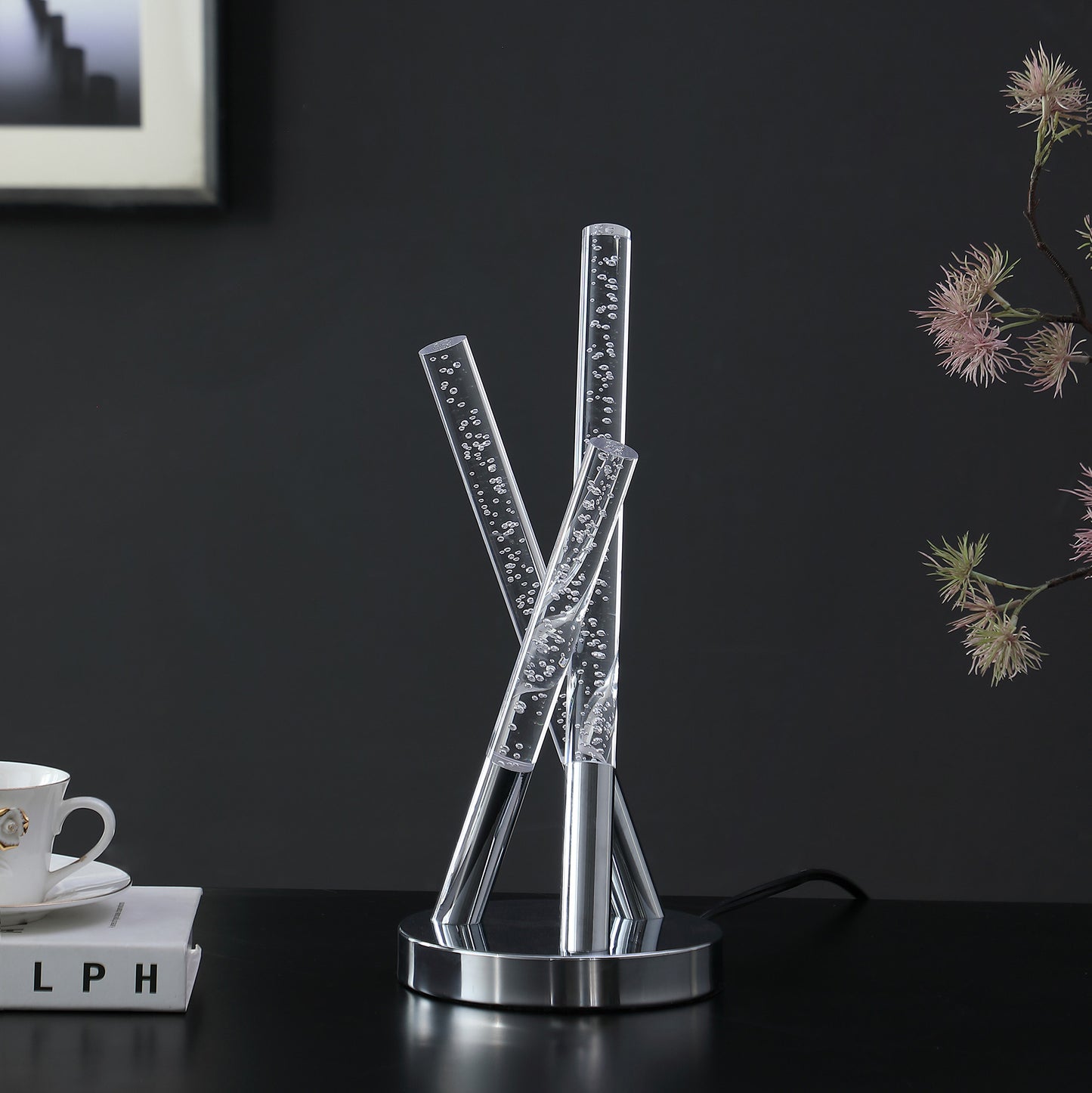 Silver Acrylic & Three Rod Abstract Table Lamp