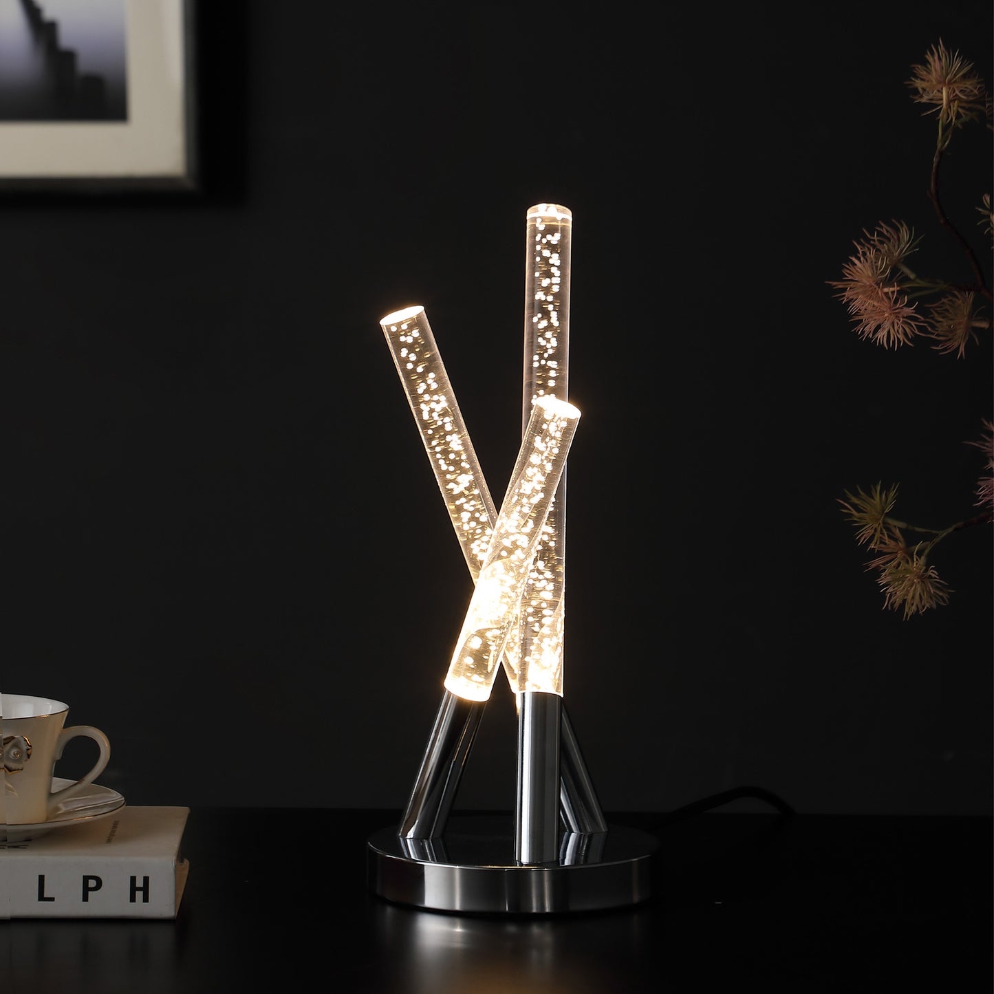 Silver Acrylic & Three Rod Abstract Table Lamp