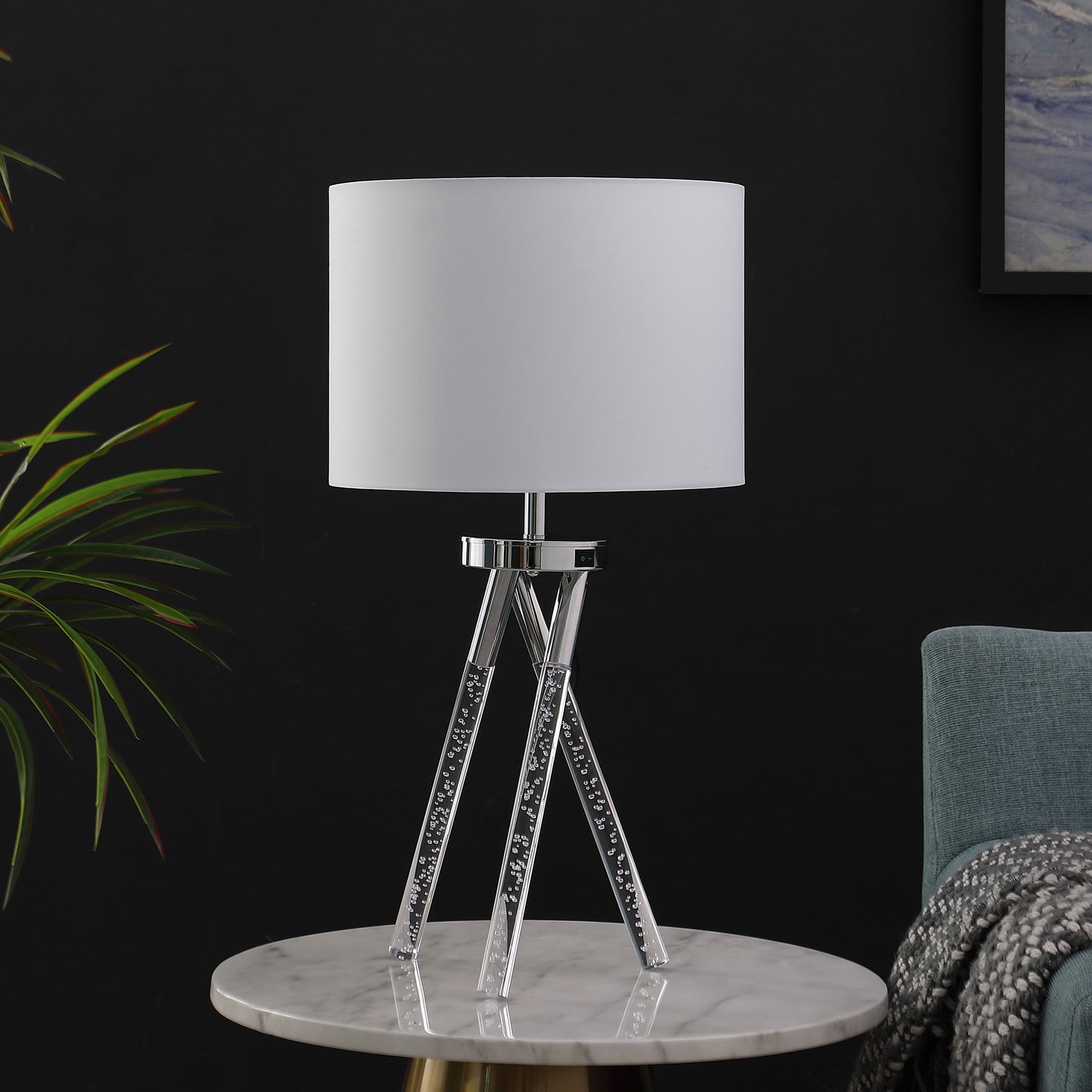 Silver & Acrylic Tripod Table Lamp w/ Shade