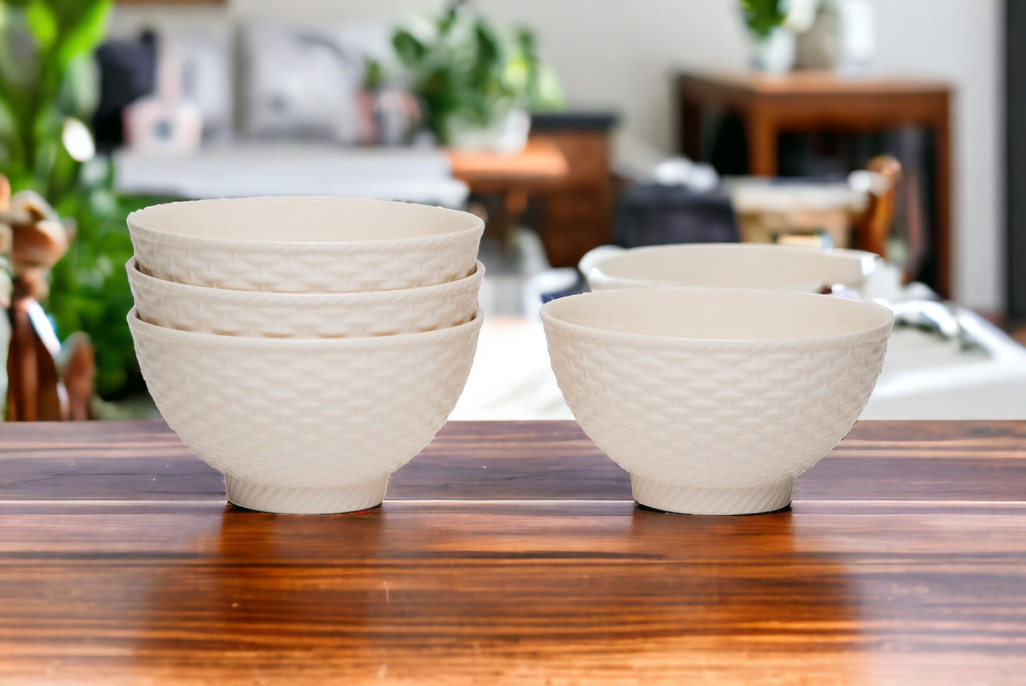 White 4-Piece Weave Stoneware Set of 4 Bowl Set