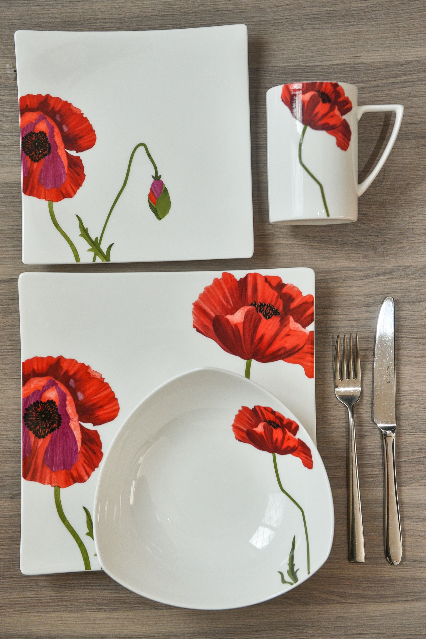 Red and White Six Piece Square Floral Bone China Set of 6 Salad Plate Set