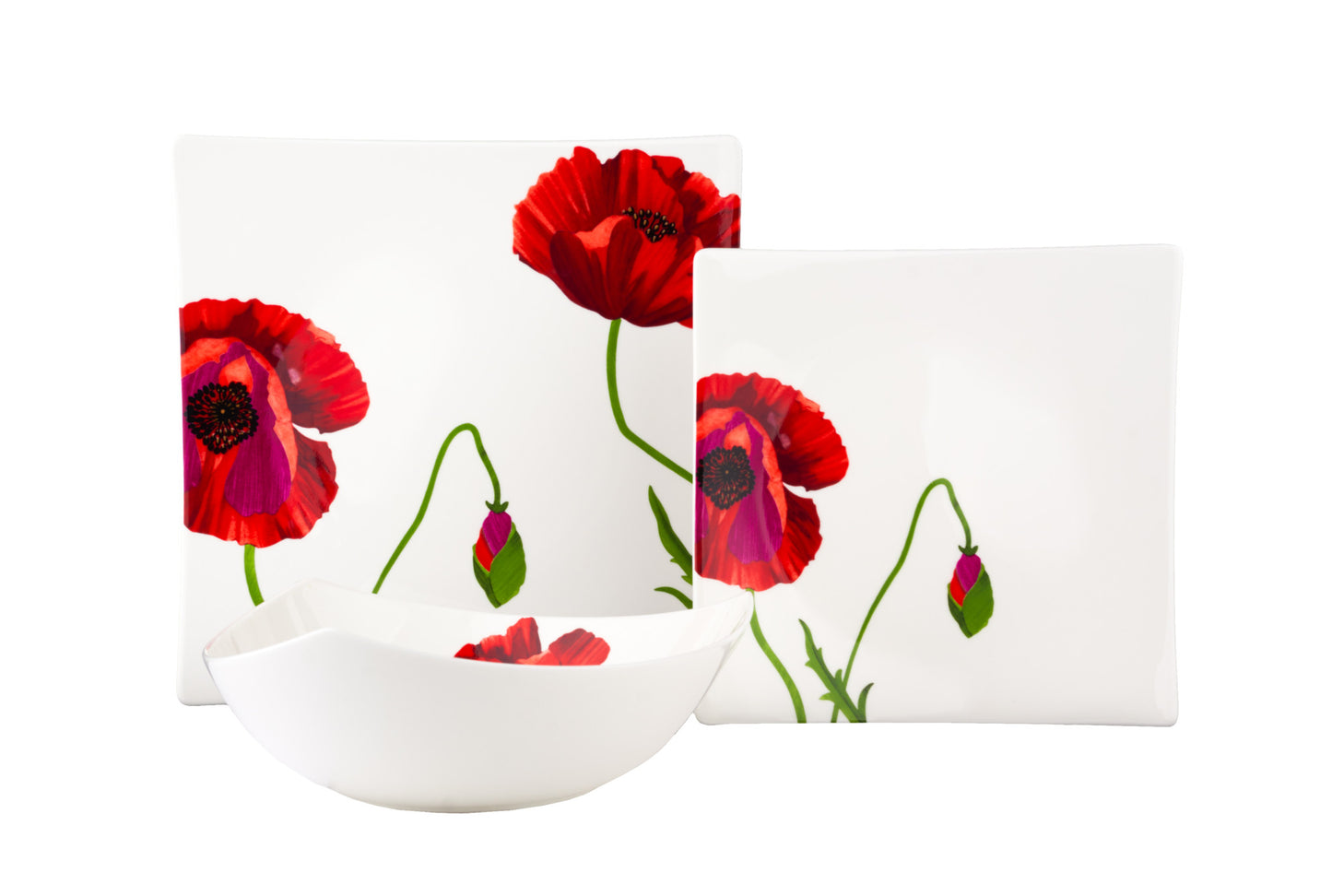 Red and White Six Piece Square Floral Bone China Set of 6 Salad Plate Set