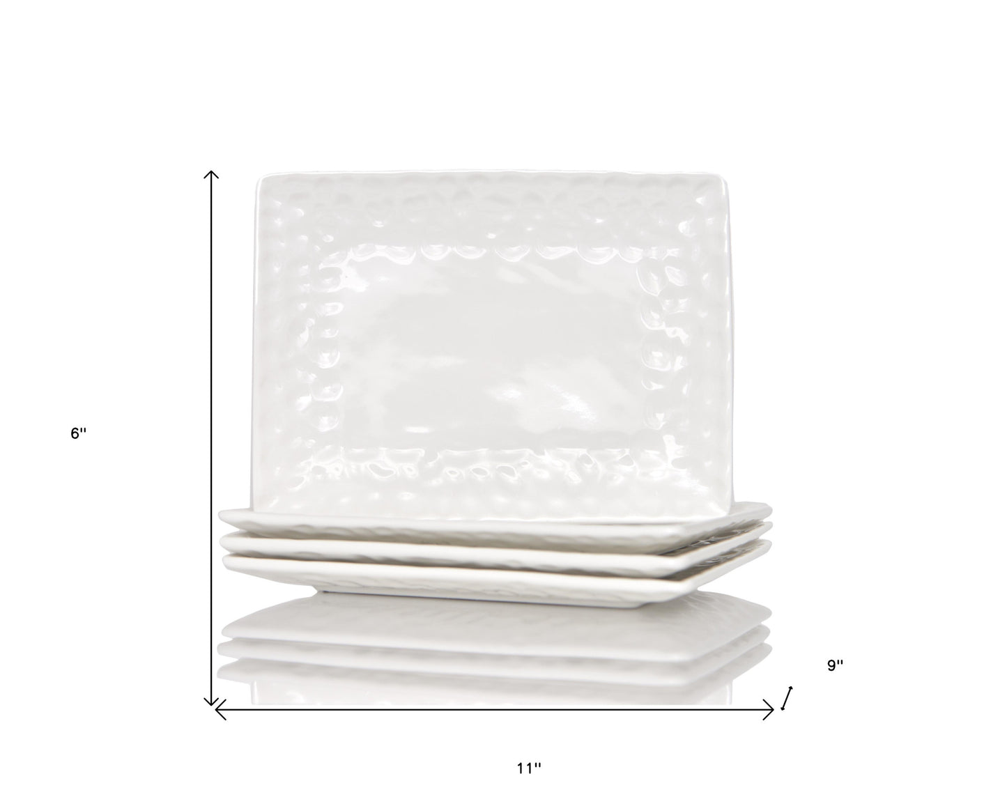 White Six Piece Rectangle Pebbled Porcelain Set of 6 Dinner Plate Set