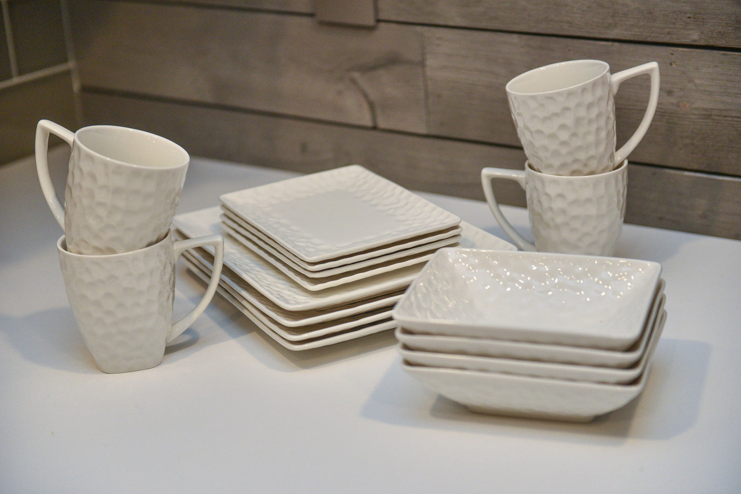 White Six Piece Rectangle Pebbled Porcelain Set of 6 Salad Plate Set