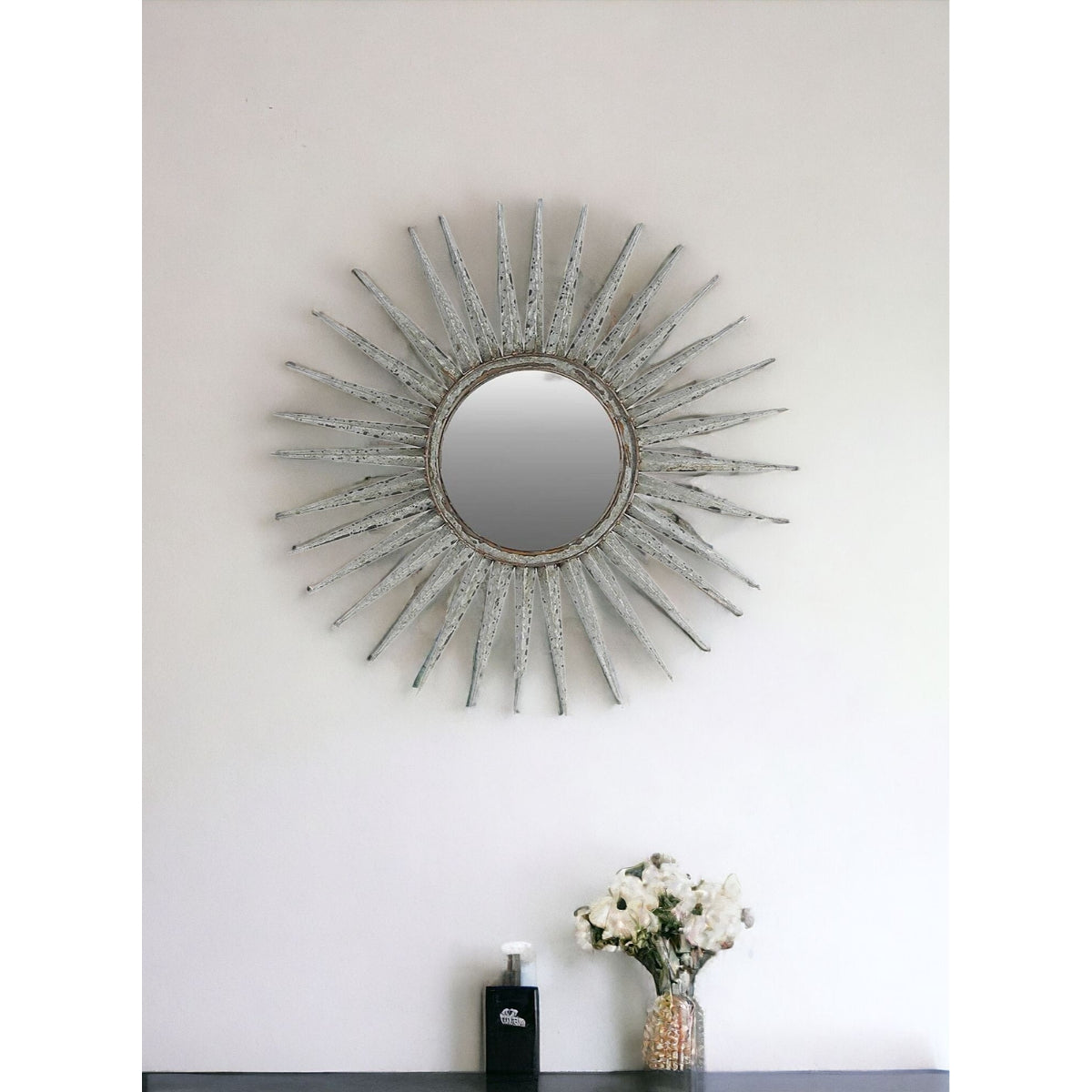 Antiqued Silver Gray Sunburst Wall Mounted Accent Mirror