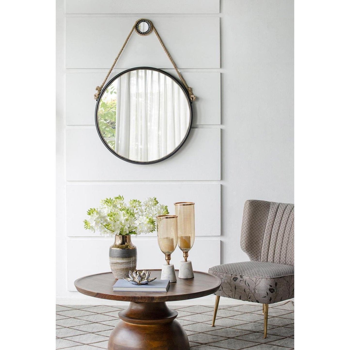 Black Fame Round Wall Hanging Accent Mirror with Rope