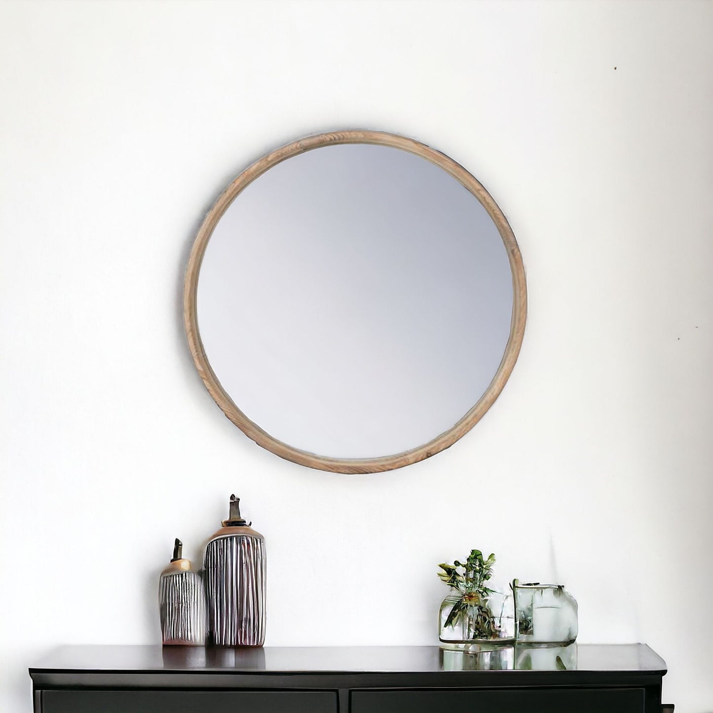 Natural Rustic Brown Wood Frame Round Wall Mounted Accent Mirror