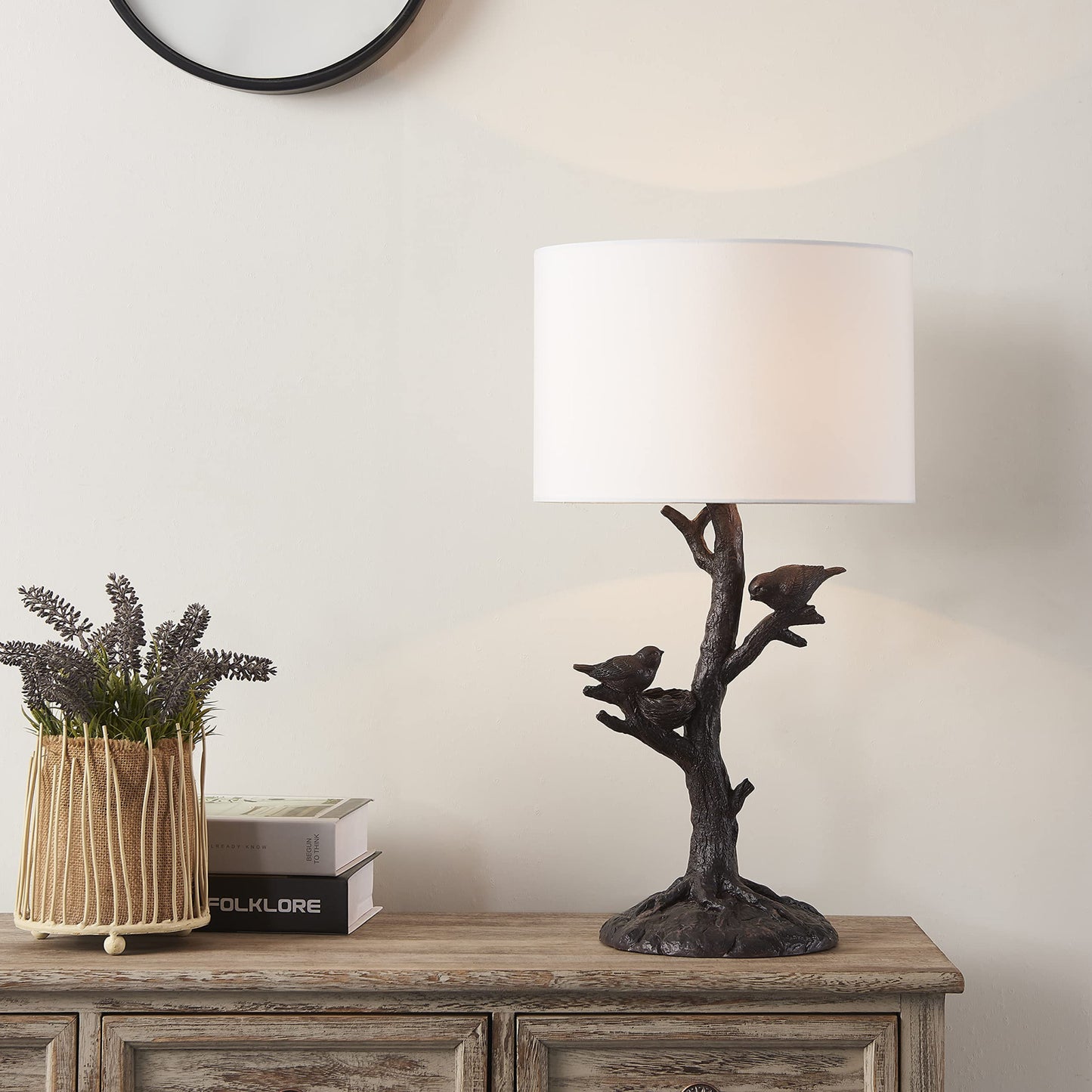 Dark Deep Red Birds in a Tree Table Lamp w/ Shade