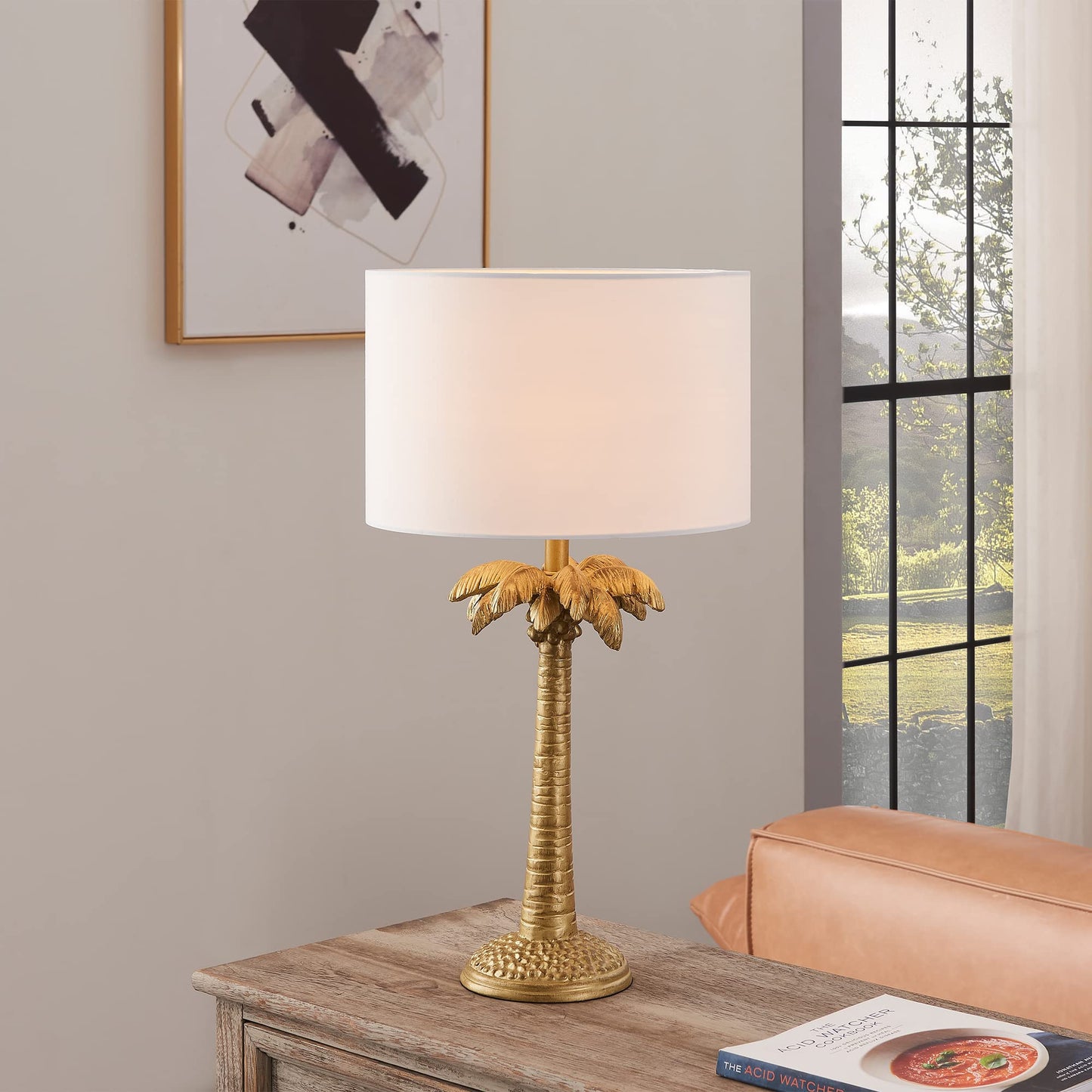 Gold Tropical Coconut Tree Table Lamp w/ Shade