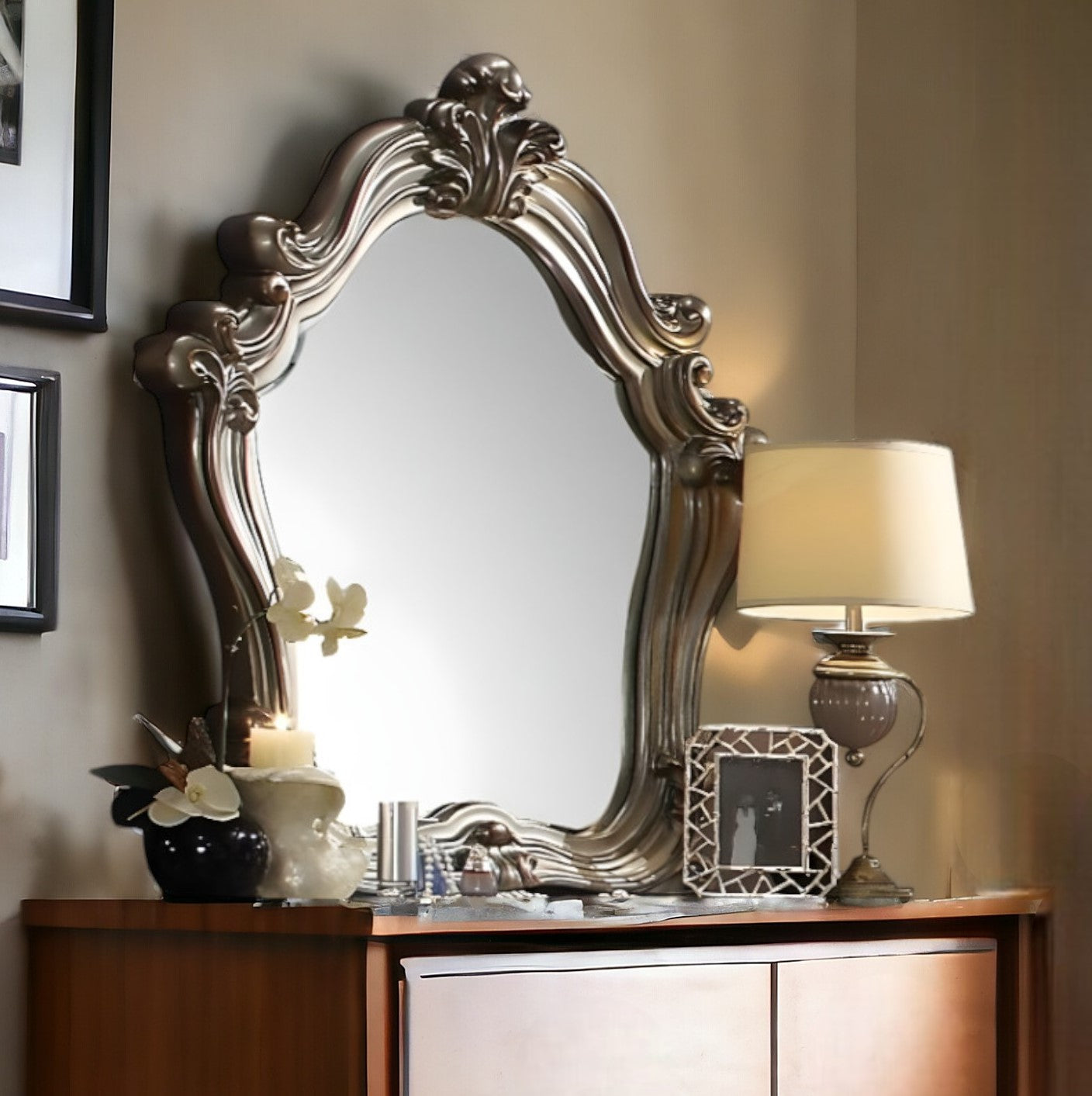 Crowned Top Wood Framed Mounted Dresser Mirror