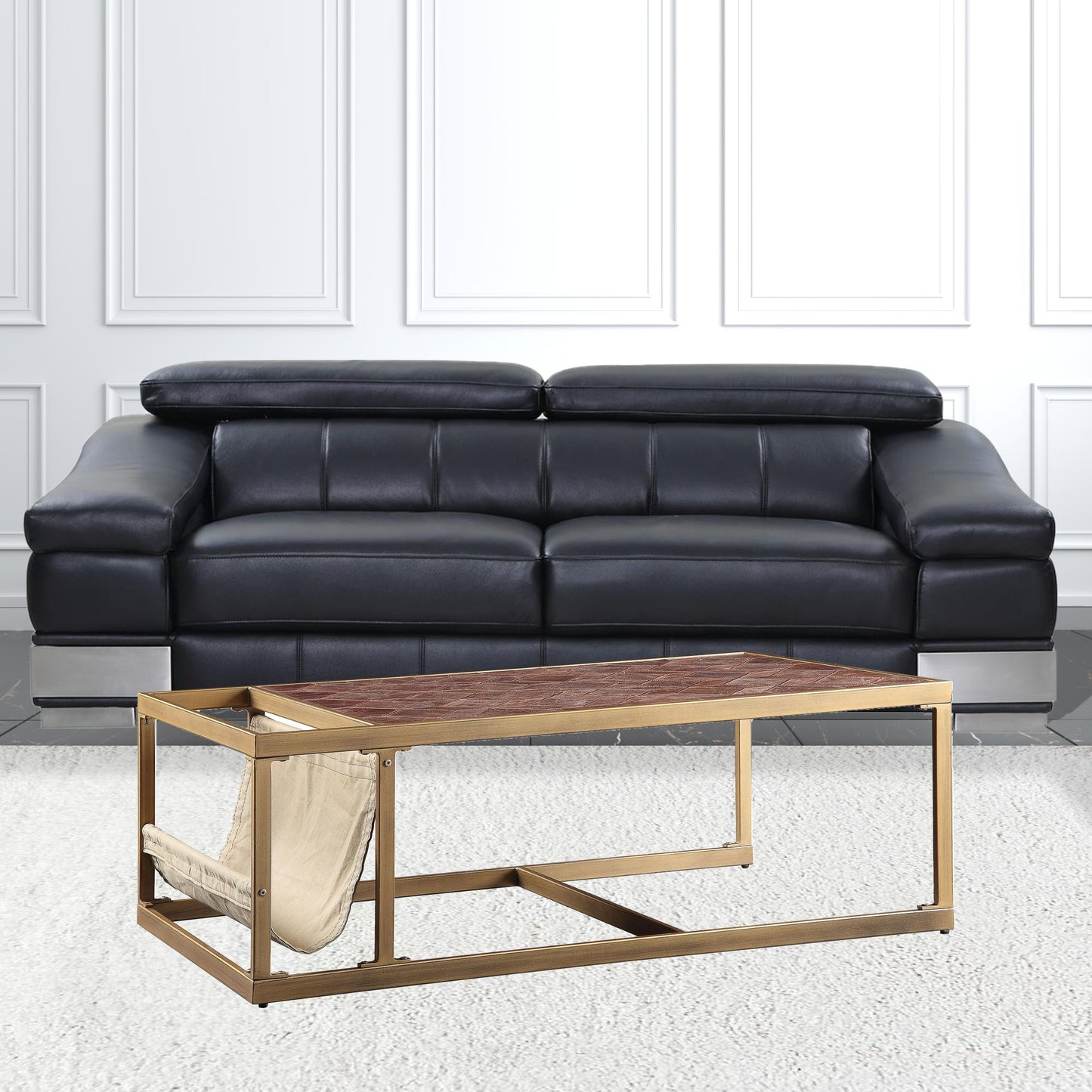 Brass & Retro Brown Leather Coffee Table