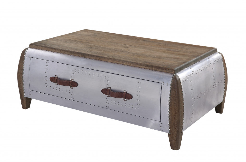 Brown & Gray Solid Wood & Aluminum Coffee Table w/ Drawer