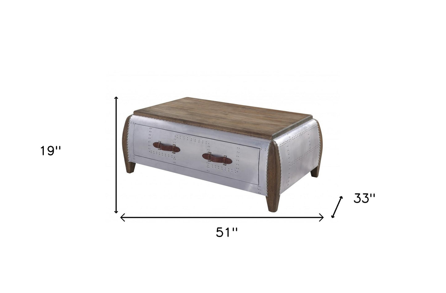 Brown & Gray Solid Wood & Aluminum Coffee Table w/ Drawer