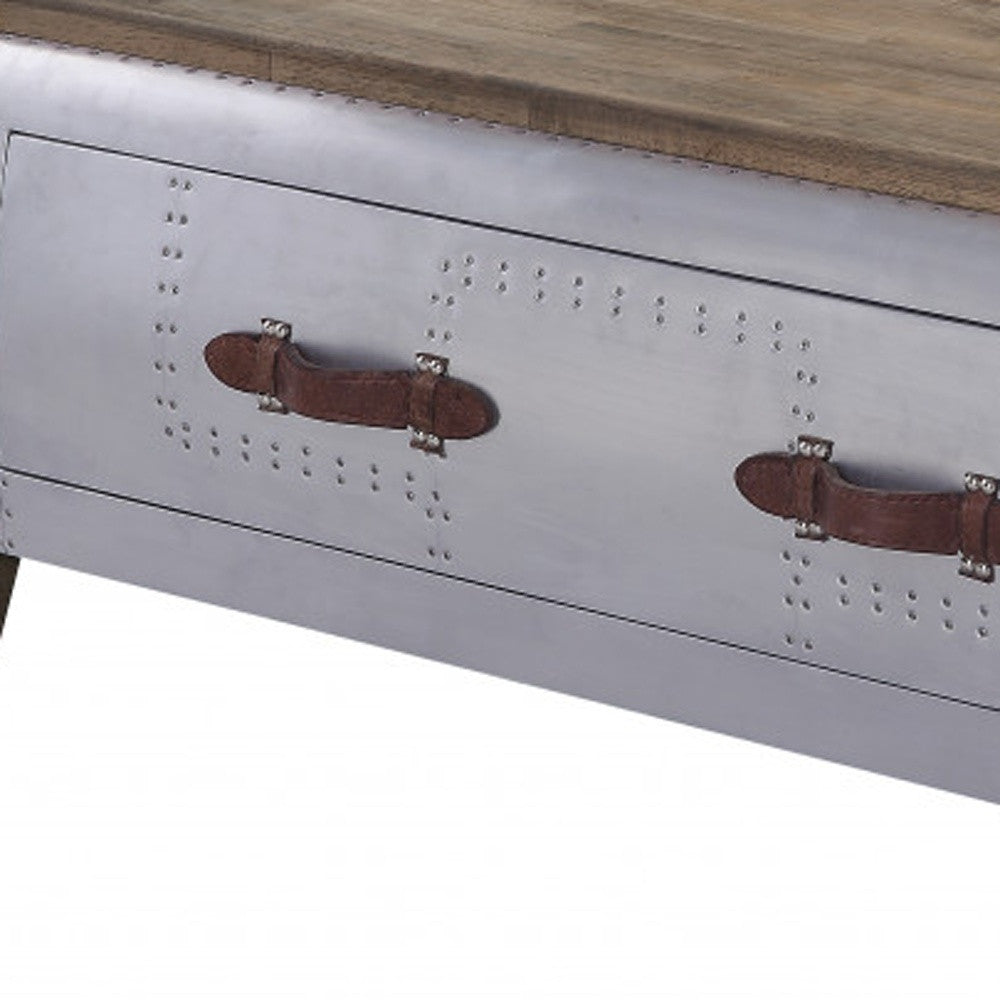 Brown & Gray Solid Wood & Aluminum Coffee Table w/ Drawer