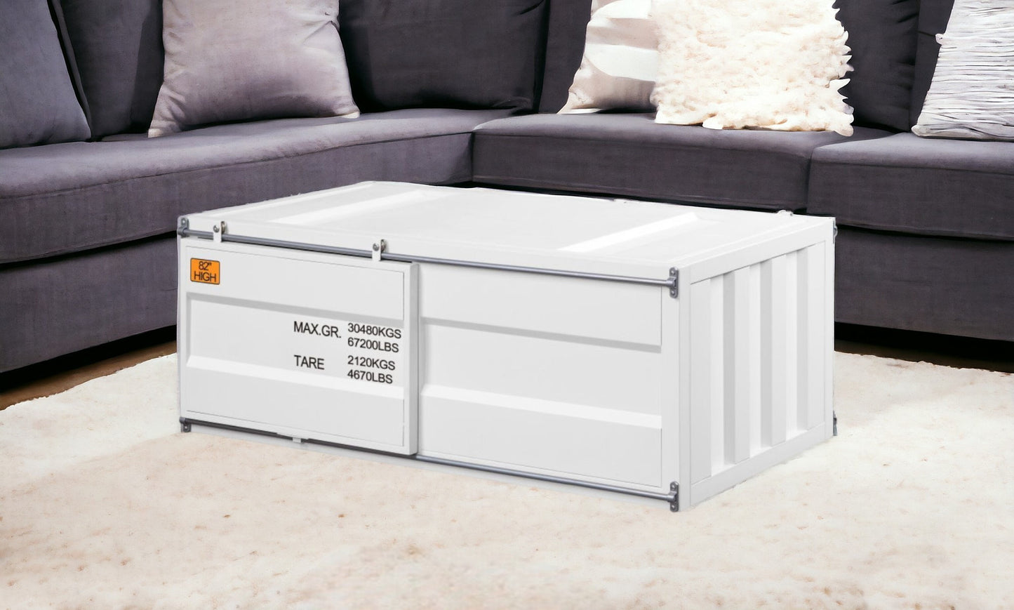 White Iron Cargo Container Style Coffee Table w/ Storage