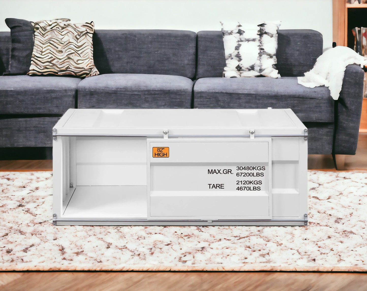 White Iron Cargo Container Style Coffee Table w/ Storage