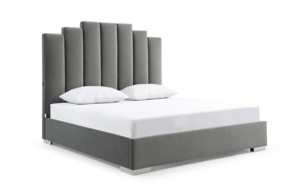 Grey Upholstered Vertical Channel Velvet Queen Bed