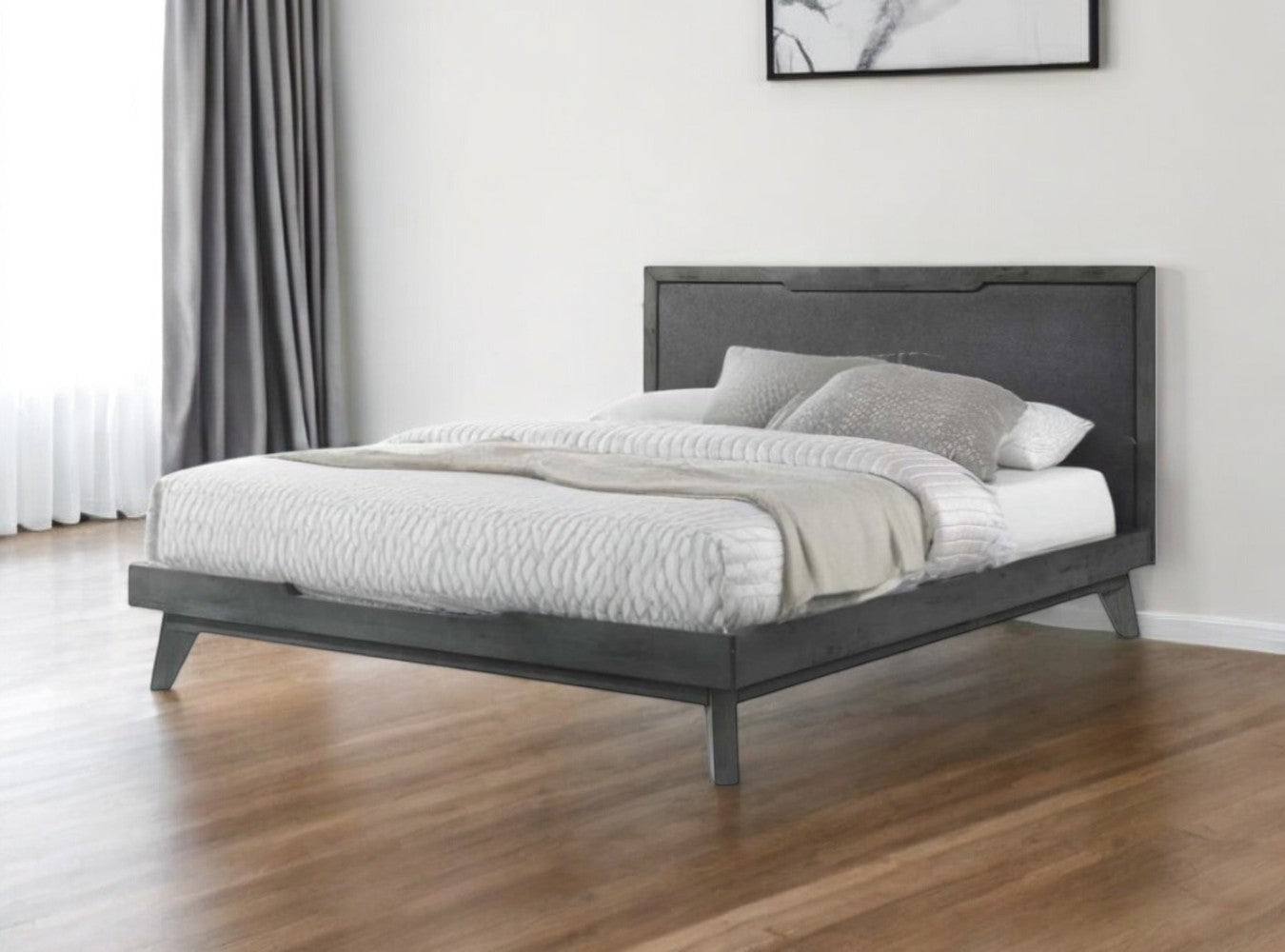 Gray Wood & Linen King Bed Frame