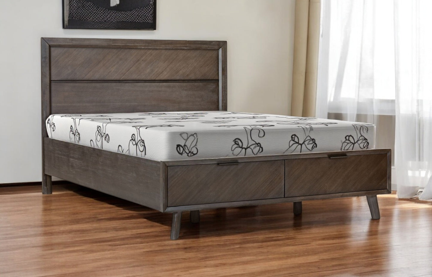Dark Brown Solid Wood King With Two Drawers Bed Frame