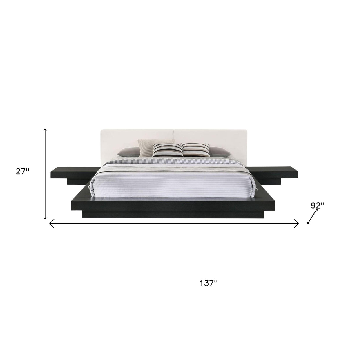 Black & White Wood & Faux Leather King Bed w/ Attached Nightstands