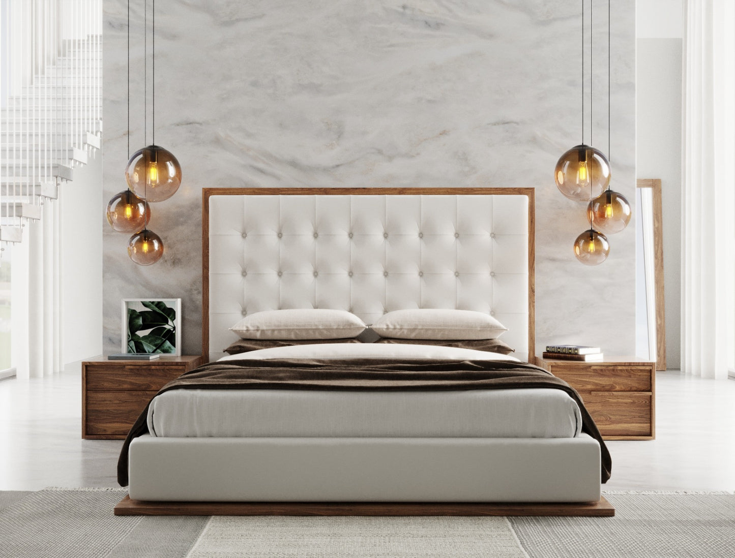 Brown and White Wood & Tufted Faux Leather Queen Bed Frame