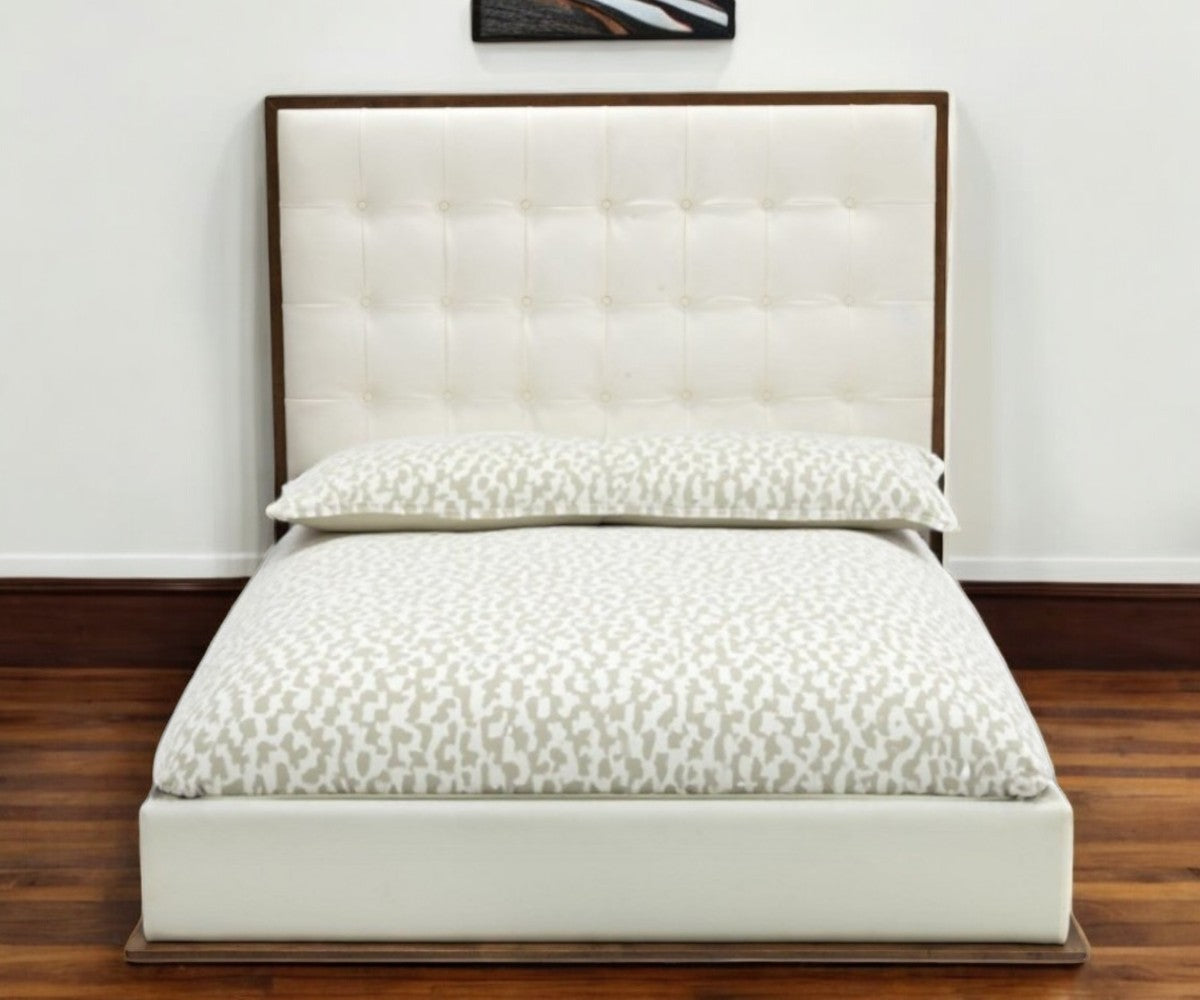 Brown and White Wood & Tufted Faux Leather Queen Bed Frame