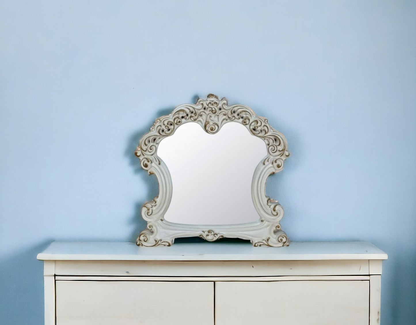 White Abstract Wood Framed Mounted Dresser Mirror