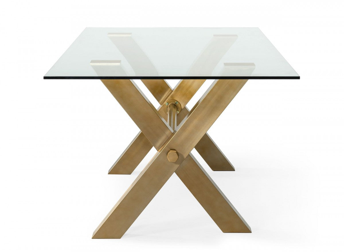 Clear And Gold Glass And Stainless Steel Sled Base Dining Table