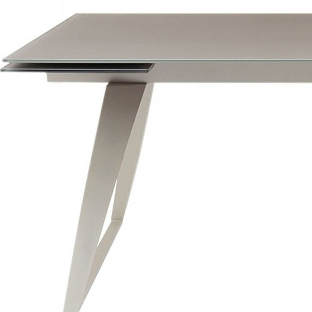 Gray Glass And Metal Self-Storing Leaf Sled Base Dining Table