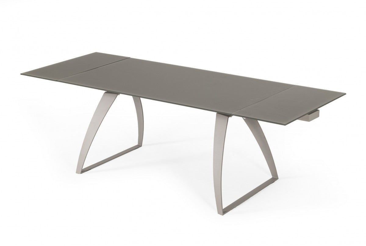 Gray Glass And Metal Self-Storing Leaf Sled Base Dining Table