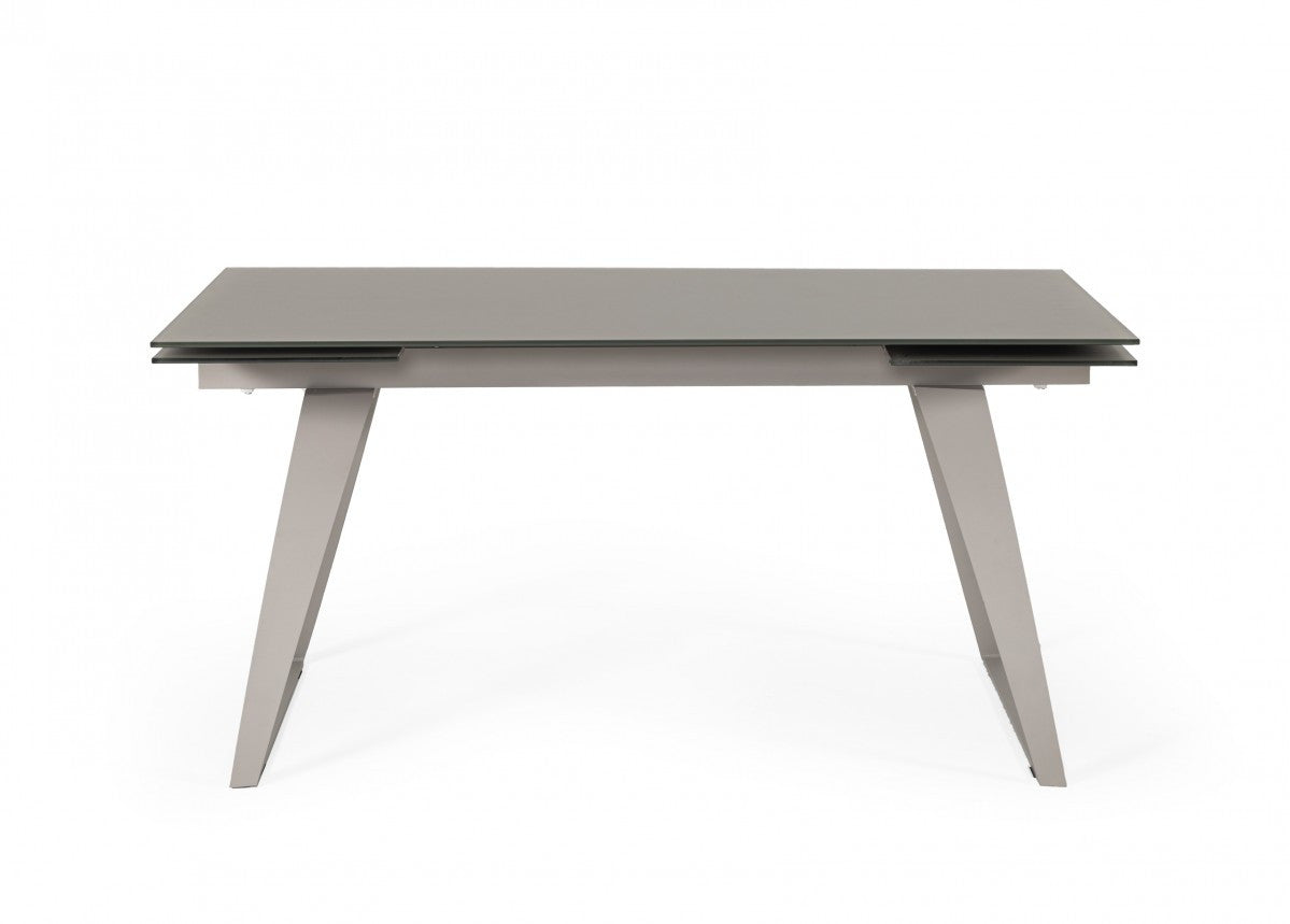 Gray Glass And Metal Self-Storing Leaf Sled Base Dining Table